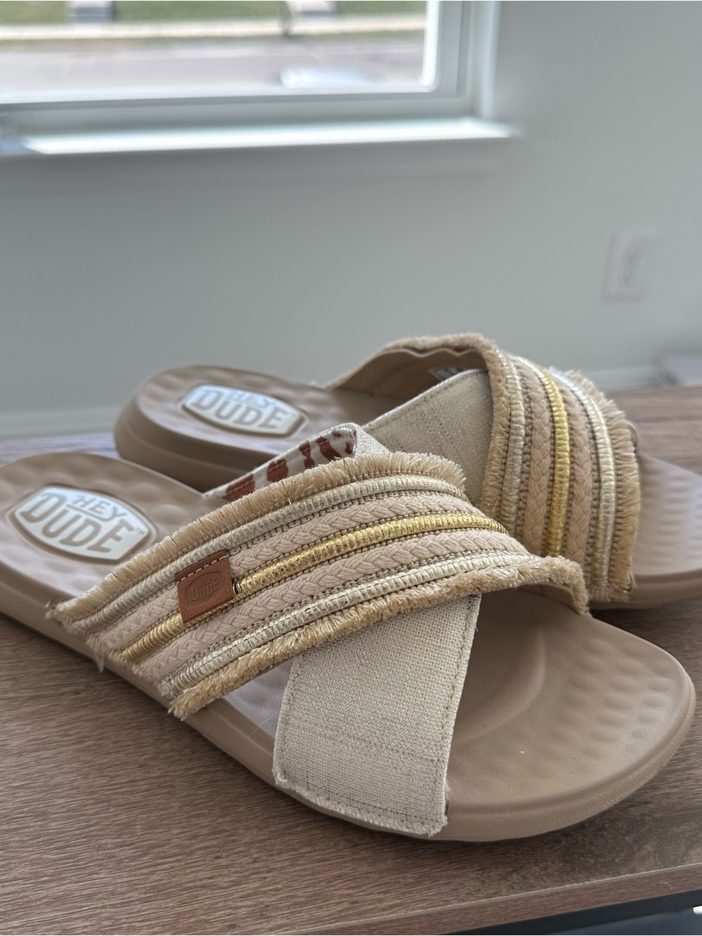 Hey Dude Christi Slide Novelty Fringe Crossover Slide Sandals with Gold Trim